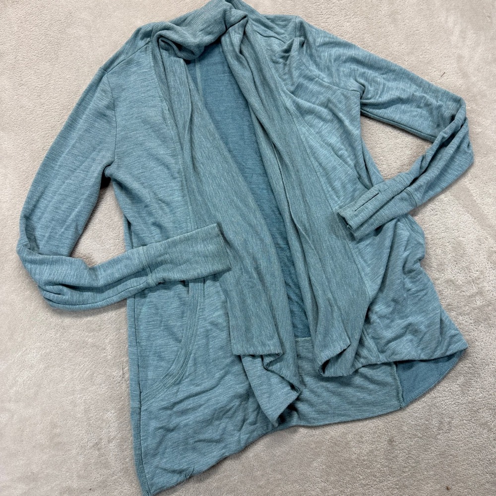 Athleta Sweater Women XXS Pranayama Cardigan Teal Blue Wrap Open Front Thumbhole
